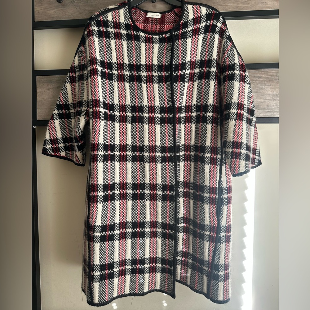 Plaid thick cardigan coat with three-quarter sleeves